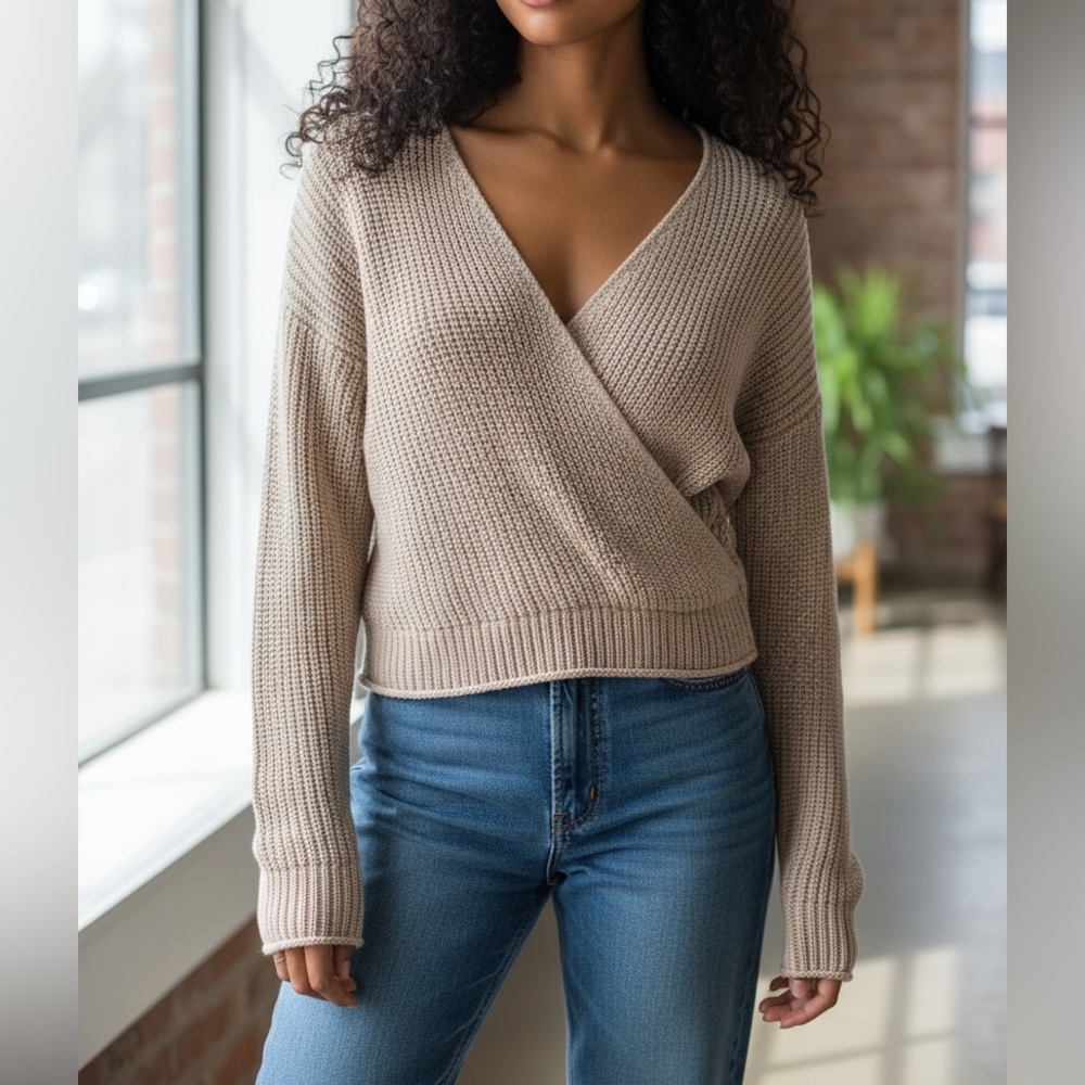 Moon & Madison Faux Wrap Sweater V-neck Beige  Loose Knit large